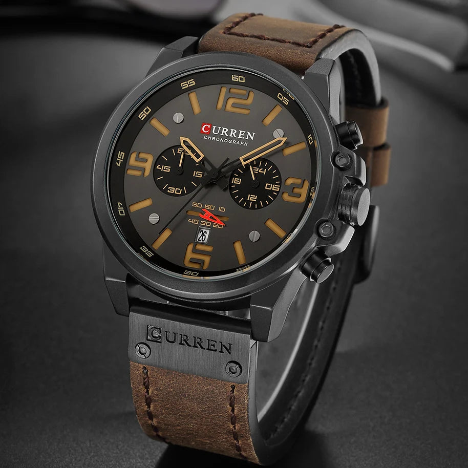 QssLux™ CURREN Mens Watches Top Luxury Brand Waterproof Sport Wrist Watch Chronograph Quartz Military Genuine Leather Relogio Masculino